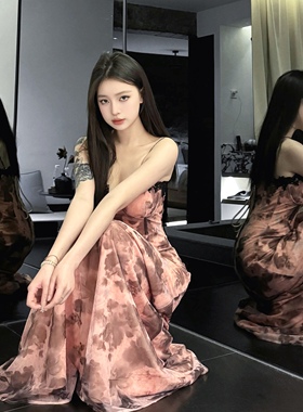 辣妹性感印花吊带连衣裙带胸垫气质收腰显瘦度假风碎花长裙