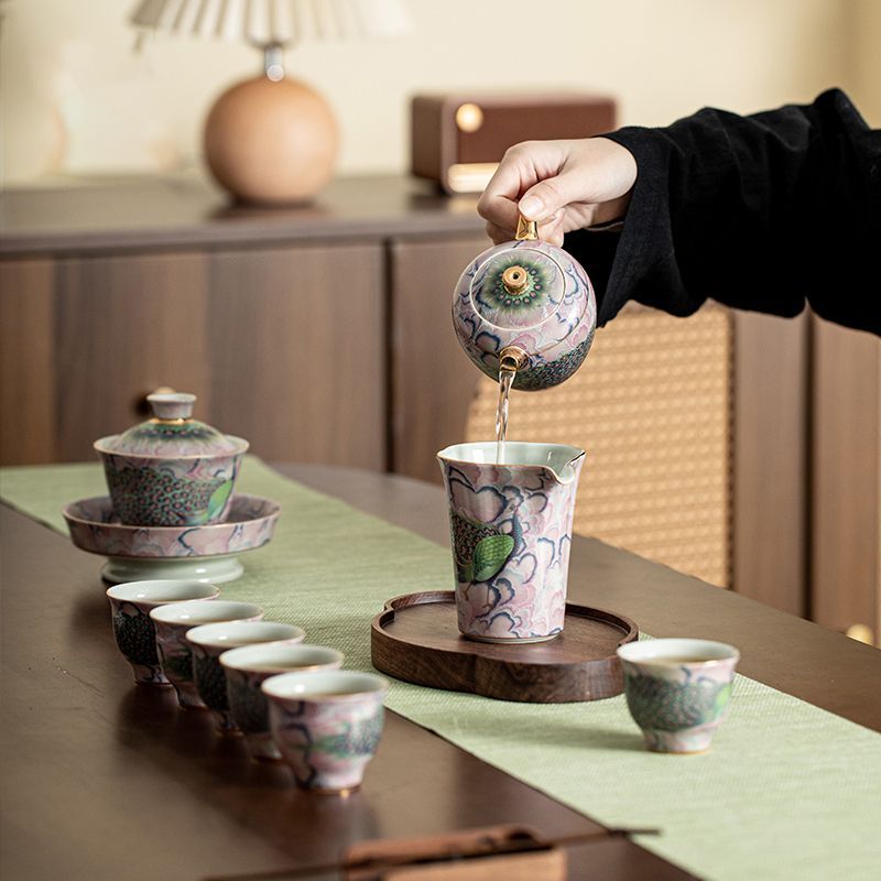 珐琅彩国潮风孔雀功夫茶具家用泡茶壶陶瓷茶具套装泡茶器三才盖碗