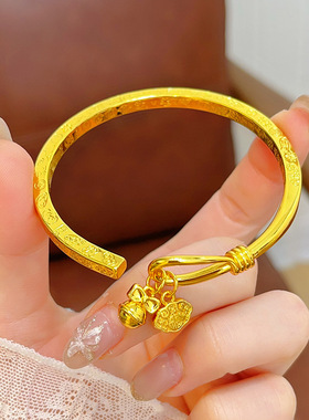 新款越南沙金吉言铃铛祥云吉祥如意福手镯国潮铜镀金镯子直播