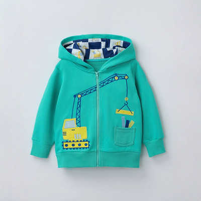 儿童春秋外套绣花卡通吊车工程车纯棉薄款连帽卫衣男童宝宝拉链衫