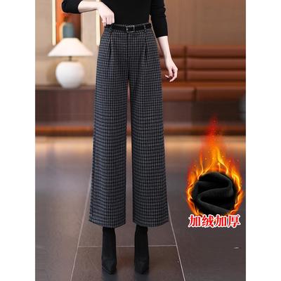 经典格子加厚加绒高腰阔腿裤子女2025冬季新款宽松九分休闲直筒裤