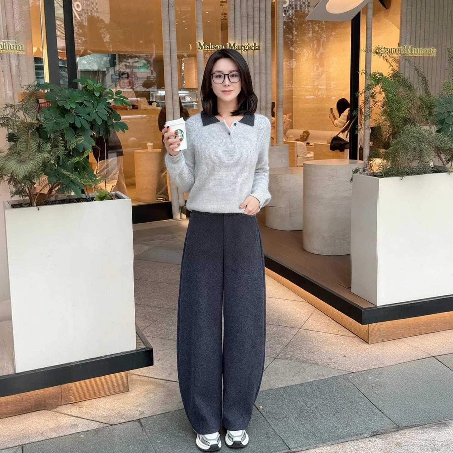 冬季窄版香蕉裤松紧腰羊毛加厚弯刀裤法式2025新款百搭休闲阔腿裤