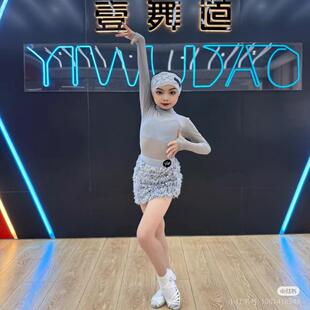 Top舞服少儿拉丁舞春秋长袖 灰色亮片毛毛裙子练功服女童演出套装