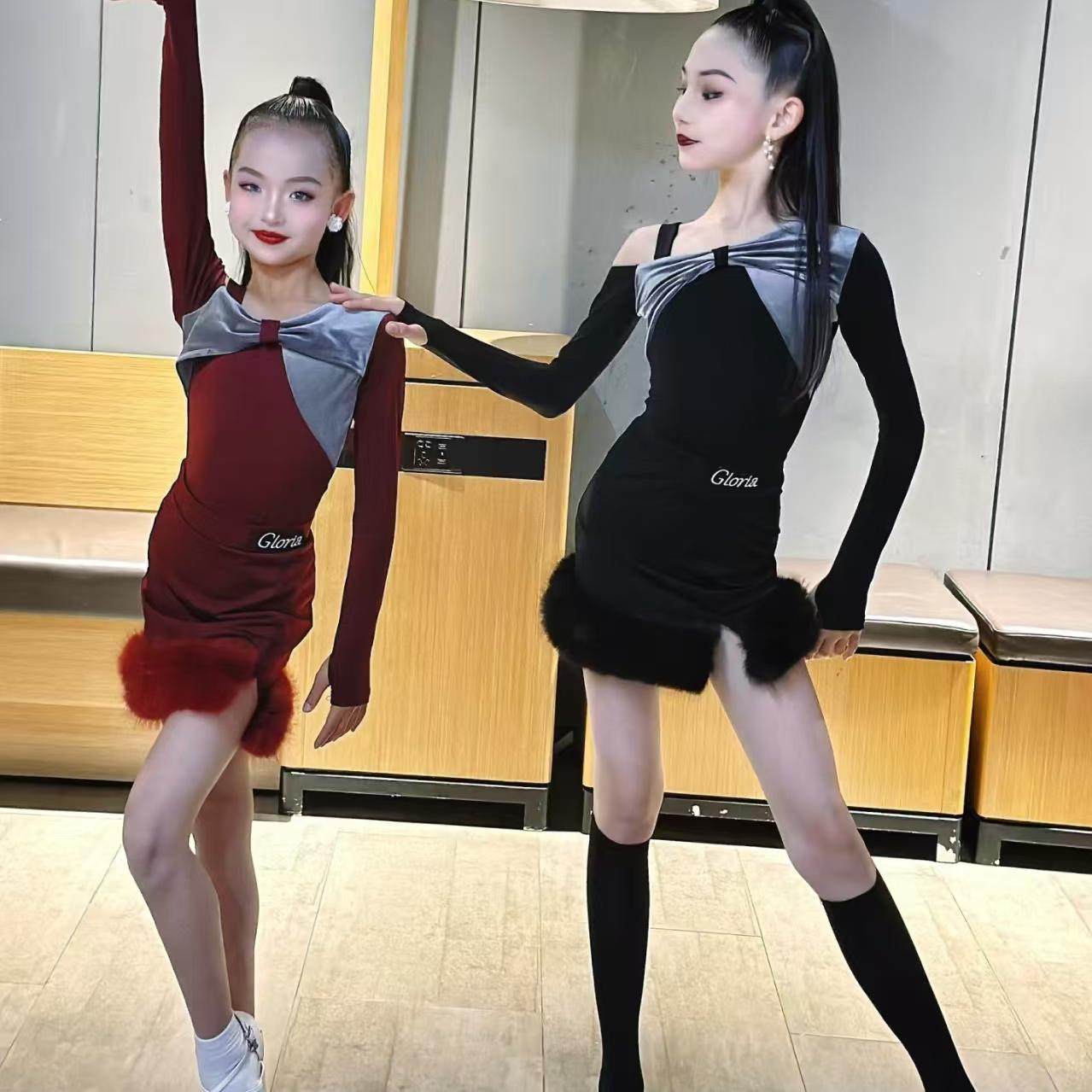 新款拉丁舞女童高端斜肩长袖毛边儿童演出服