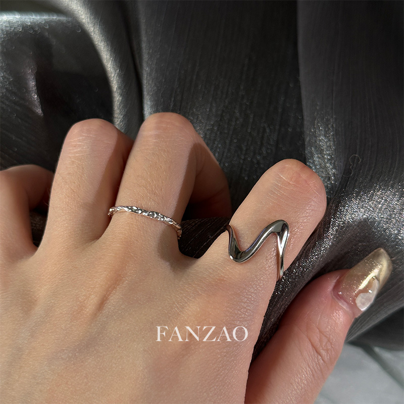 FANZAO韩版S925纯银戒指INS简约宽面波浪纹戒指女个性百搭银指环