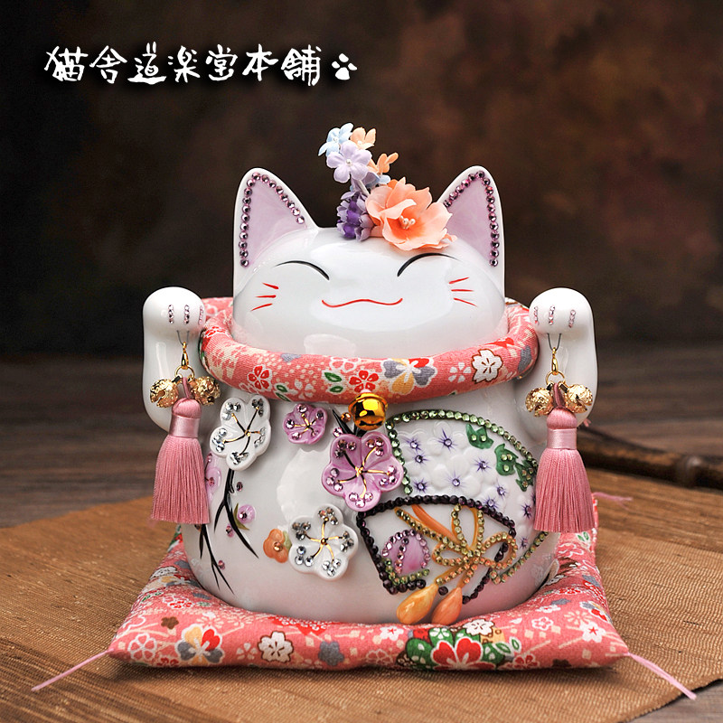 钻石镶钻樱花招财猫摆件开业礼物前台入户玄关客厅装饰高级感小众