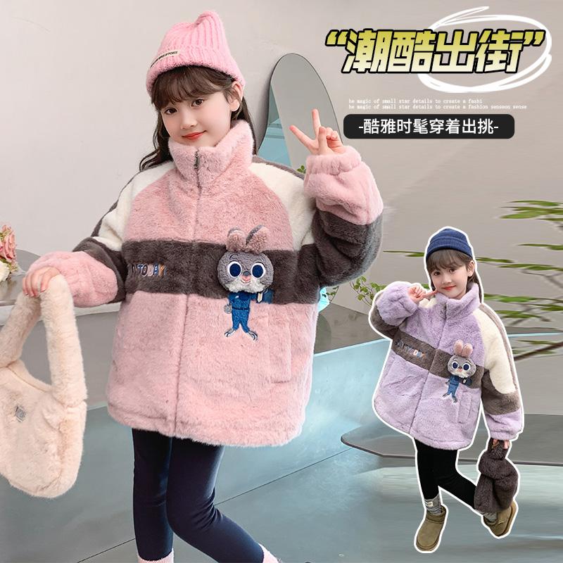 女童外套毛毛衣秋冬2024新款加绒洋气冬季上衣兔子警官冬装仿皮草