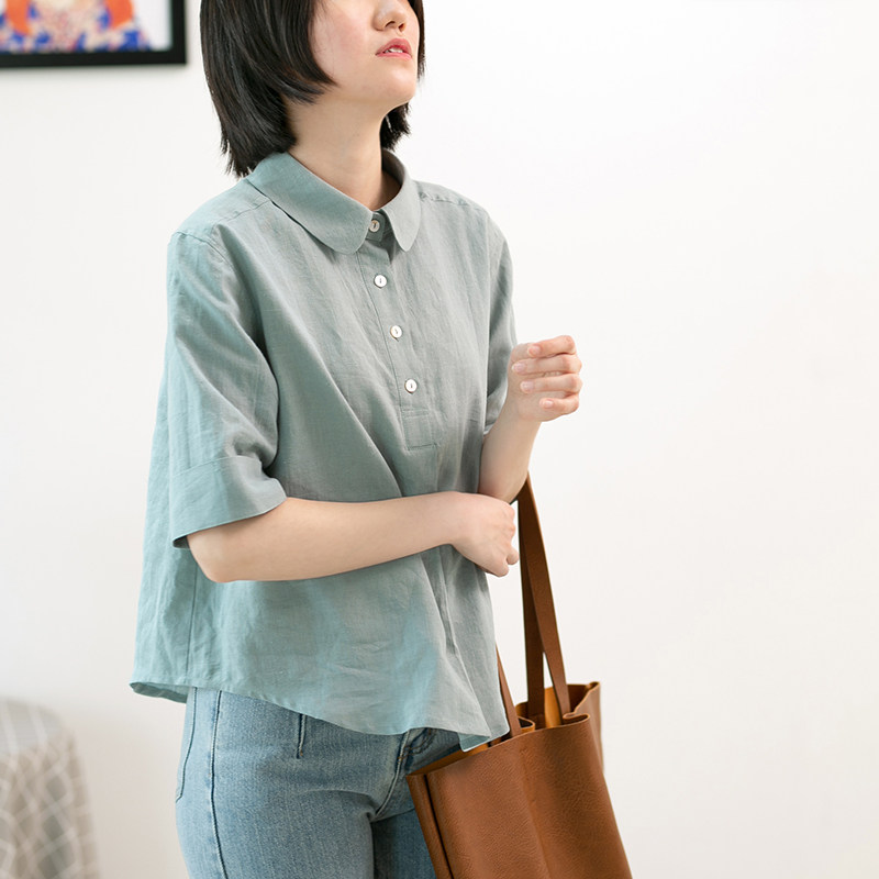 复古港味设计感小众衬衣夏季新款彼得潘领麻质短袖衬衫宽松上衣女