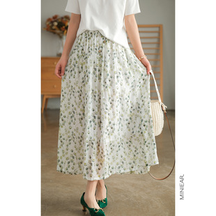 2025夏季女士韩版文艺人棉皱印花半身裙 包边包缝炒色工艺A字裙