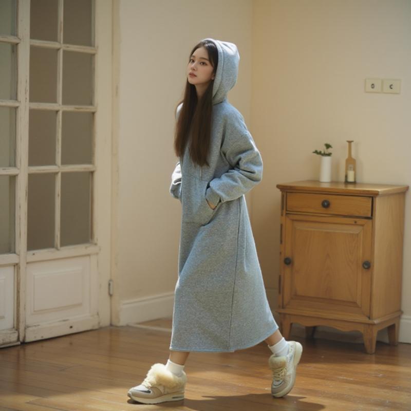 韩版高克重秋冬连帽卫衣连衣裙