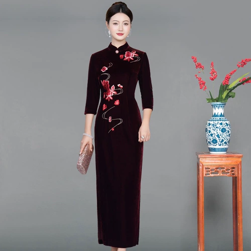 Бархатное ципао, платье для матери, с вышивкой, большой размер