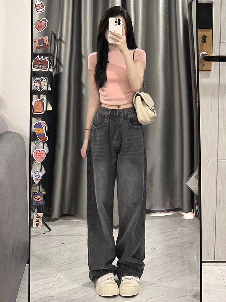 2024 NEW AUTUMN STYLE WIDE-LEG JEANS WOMENS PLUS SIZE FAT MM THIN PEAR-SHAPED BODY LOOSE SMOKE GRAY PANTS