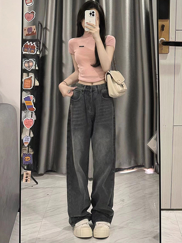2024 NEW AUTUMN STYLE WIDE-LEG JEANS WOMENS PLUS SIZE FAT MM THIN PEAR-SHAPED BODY LOOSE SMOKE GRAY PANTS
