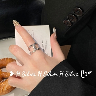 S925纯银碎冰冰小香风双C个性 开口可调节银戒指重工轻奢百搭 时尚