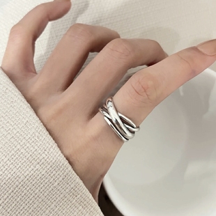 S925纯银简约个性 食指指环 线条交叉情缠开口银戒指百搭男女同款