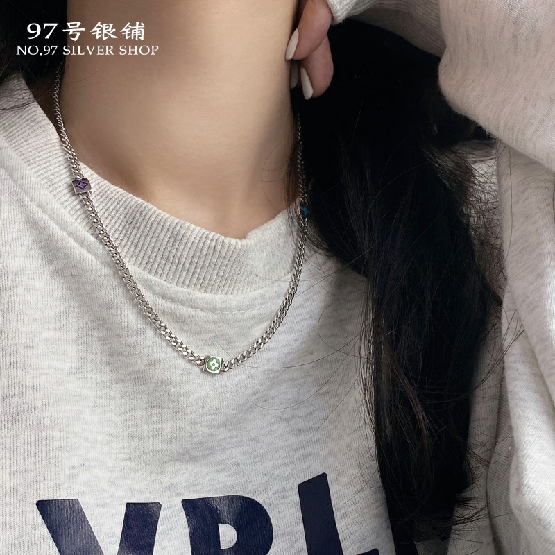 S925纯银老花四叶草重工滴釉坦克链网红潮时尚百搭气质中性古巴链,饰品/流行首饰/时尚饰品新,银饰项链,淘宝优惠券,粉丝福利购,淘宝优惠卷