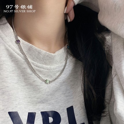 S925纯银老花四叶草重工滴釉坦克链网红潮时尚百搭气质中性古巴链