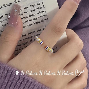 999足银平安喜乐古法实心描金珐琅彩吉言新中式国风开口银戒指