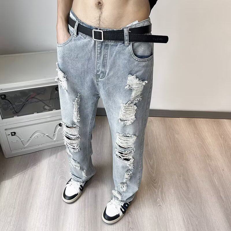 美式街头破坏感牛仔裤男夏季潮牌hiphop宽松水洗做旧百搭直筒P45,男装牛仔裤,星座410-6（原星座1304-1）