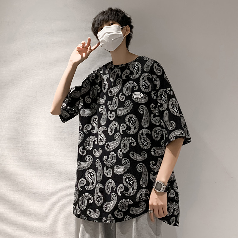 2021新款夏季腰果花潮牌休闲短袖T恤原宿BF风百搭复古宽松男女图片