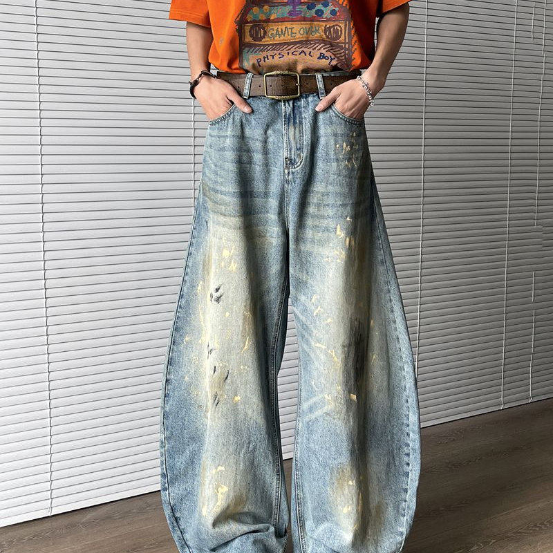 美式复古泼墨涂鸦baggy弯刀牛仔裤男小众宽松阔腿潮牌嘻哈裤P55图片