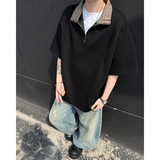 千鸟格拼色polo衫男款夏季高级感痞帅t恤黑色拉链翻领短袖P39，男装T恤，星座410-6（原星座1304-1）
