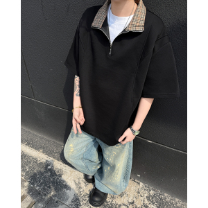 千鸟格拼色polo衫男款夏季高级感痞帅t恤黑色拉链翻领短袖P39图片