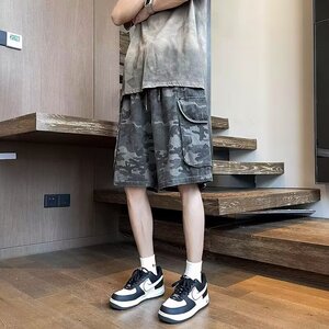 美式复古迷彩工装牛仔短裤男女潮牌宽松直筒阔腿休闲五分裤P47图片