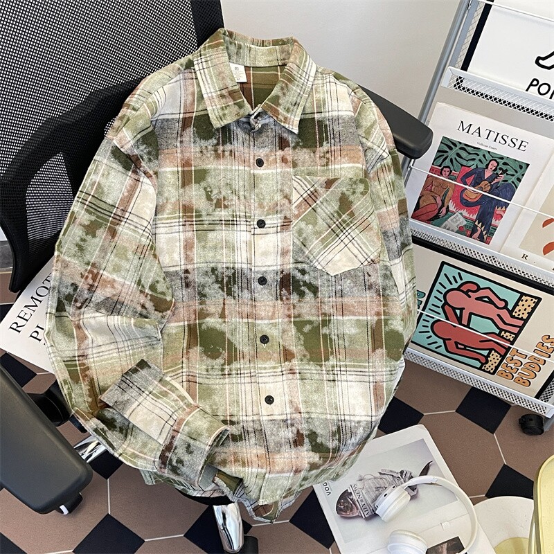 新款高街时尚港风印花风格格子长袖衬衫衬衣P45,男装衬衫,星座410-6（原星座1304-1）