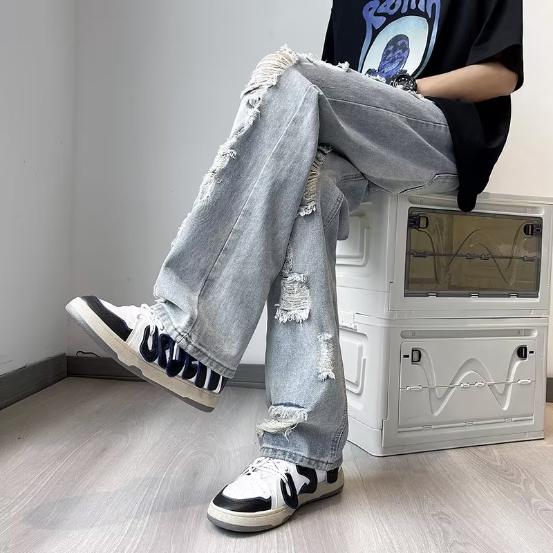 美式街头破坏感牛仔裤男夏季潮牌hiphop宽松水洗做旧百搭直筒P45,男装牛仔裤,星座410-6（原星座1304-1）