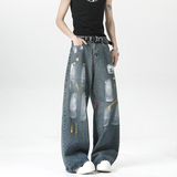 欧美炸街裤子刷漆涂鸦做旧牛仔裤男女美式宽松休闲裤直筒裤P48，男装休闲裤，星座410-6（原星座1304-1）