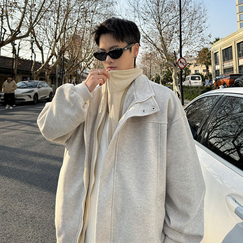 潮牌假两件毛呢外套男春季重磅高街情侣棉衣美式宽松痞帅夹克P90图片
