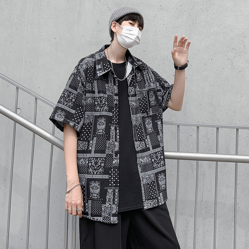 文艺男衬衫短袖2021夏季新款腰果花宽松上衣ins痞子帅气图片