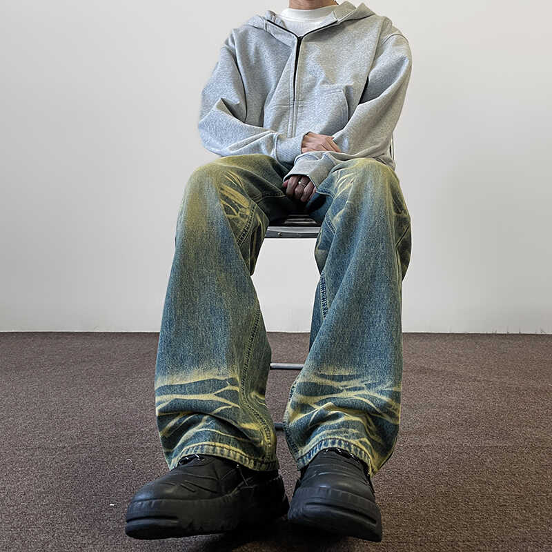 美式高街Vibe直筒复古潮牌花纹牛仔裤男嘻哈宽松垂坠感长裤男P50,男装牛仔裤,星座410-6（原星座1304-1）
