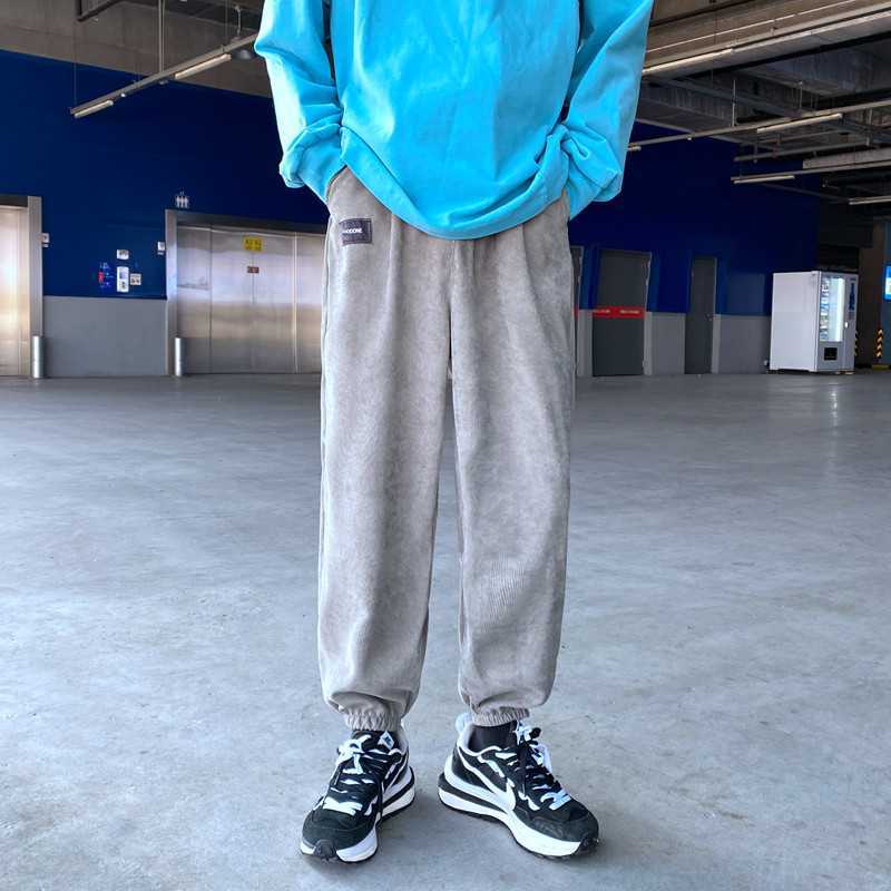 春夏新款ins男生灯芯绒休闲裤哈伦束脚裤九分裤运动裤图片