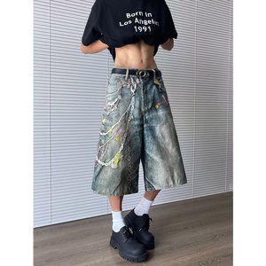 美式复古水洗做旧牛仔短裤男直筒宽松阔腿七分裤子潮P54图片