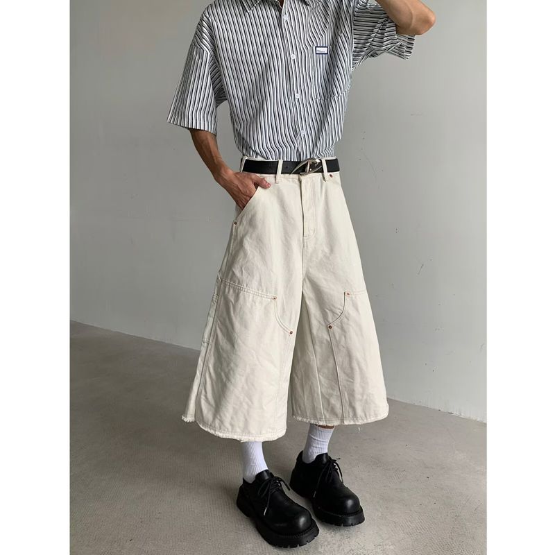 美式复古铆钉拼接白色七分裤男夏季宽松设计感伐木直筒裤P51,男装牛仔裤,星座410-6（原星座1304-1）