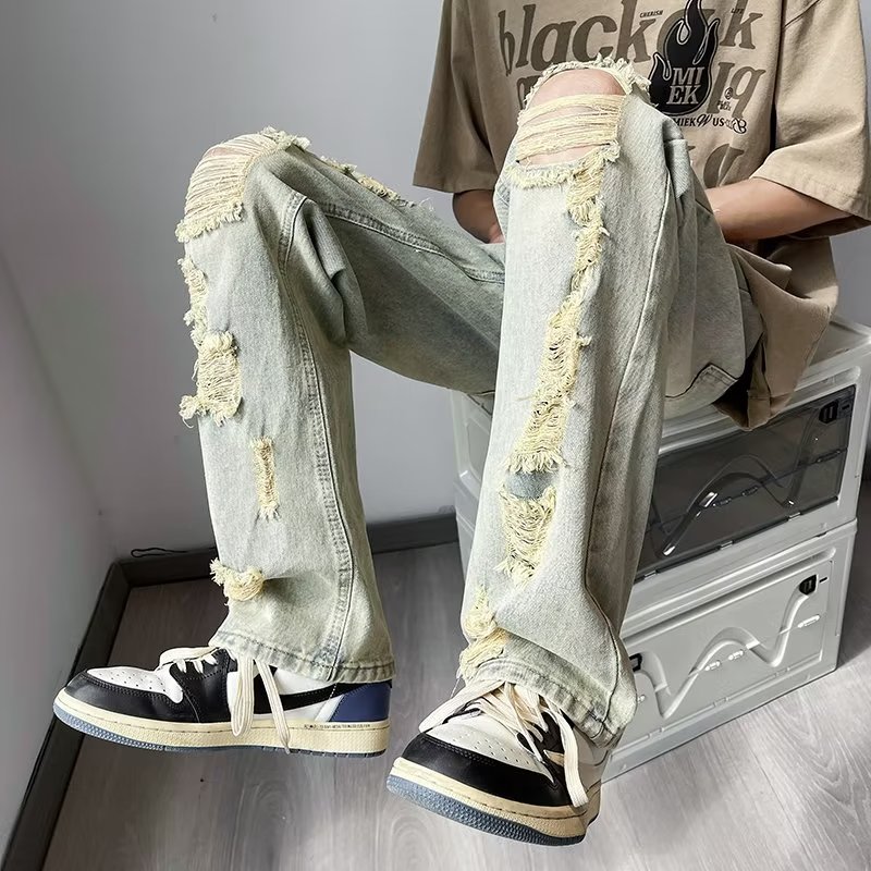 美式街头破坏感牛仔裤男夏季潮牌hiphop宽松水洗做旧百搭直筒P45,男装牛仔裤,星座410-6（原星座1304-1）