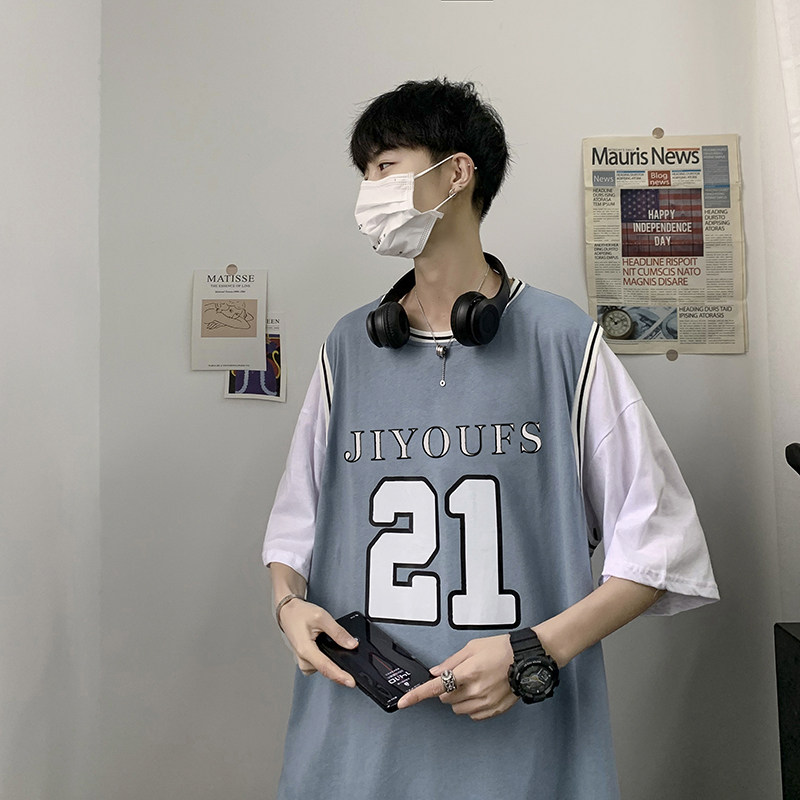 男士夏季港风短袖假两件潮流拼接字母印花宽松上衣潮图片
