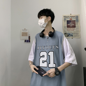 男士夏季港风短袖假两件潮流拼接字母印花宽松上衣潮图片