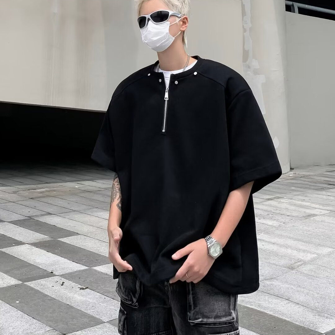 美式半拉链垫肩T恤男短袖夏季重磅宽松痞帅上衣潮牌半袖体恤P40,男装T恤,星座410-6（原星座1304-1）