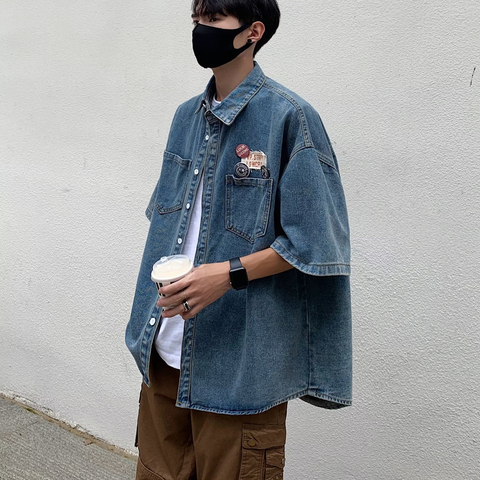 美式街头高级感小众牛仔短袖衬衫男夏季潮牌ins宽松休闲水洗P50,男装衬衫,星座410-6（原星座1304-1）