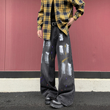 欧美炸街裤子刷漆涂鸦做旧牛仔裤男女美式宽松休闲裤直筒裤P48，男装休闲裤，星座410-6（原星座1304-1）