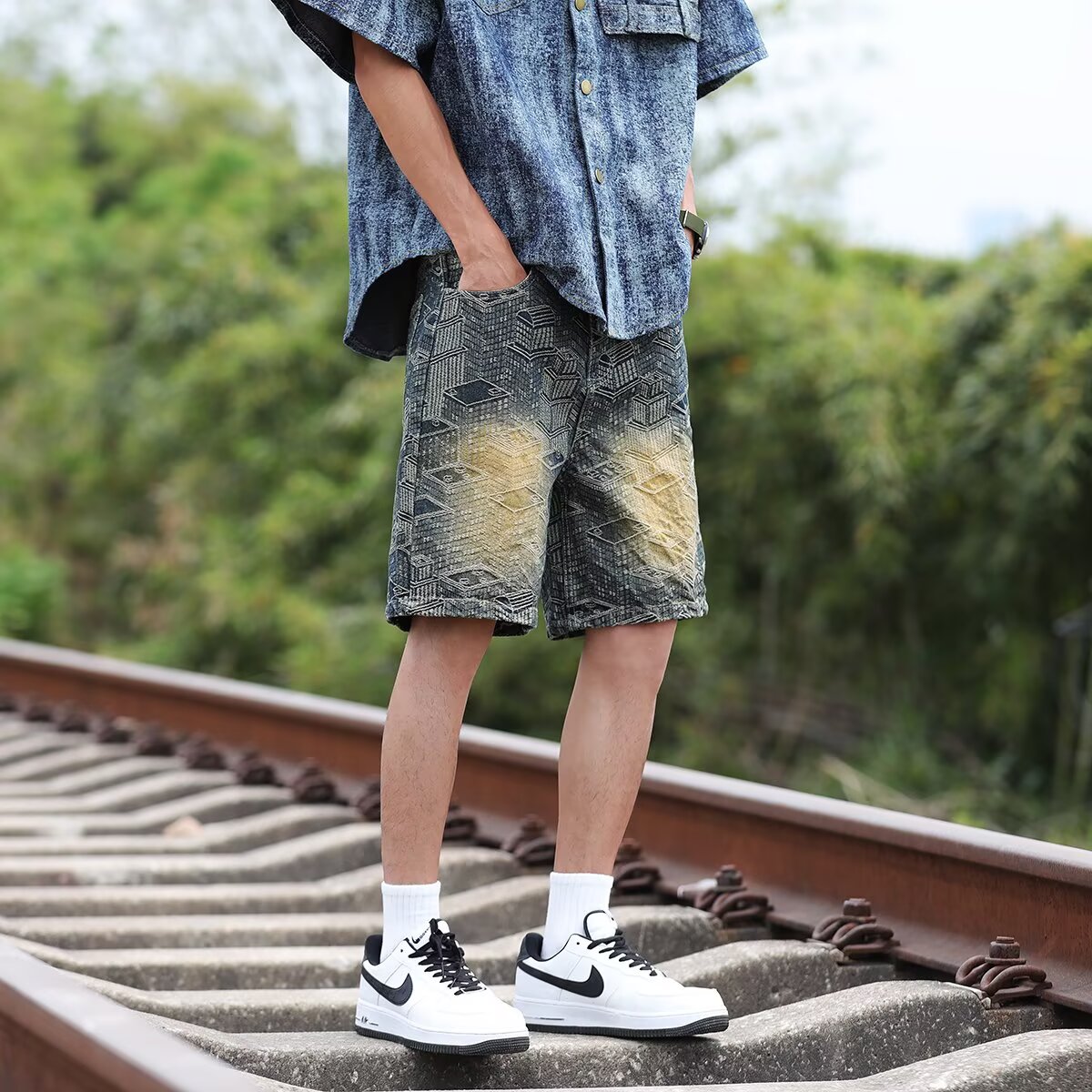 新款男士牛仔裤时尚百搭休闲提花5分裤子男宽松潮流帅气短裤P45,男装牛仔裤,星座410-6（原星座1304-1）