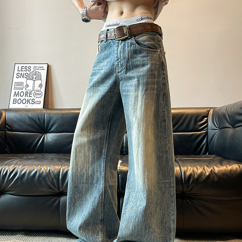 美式复古竹节纹水洗弯刀牛仔裤男女款高级感情侣直筒裤潮P59,男装牛仔裤,星座410-6（原星座1304-1）
