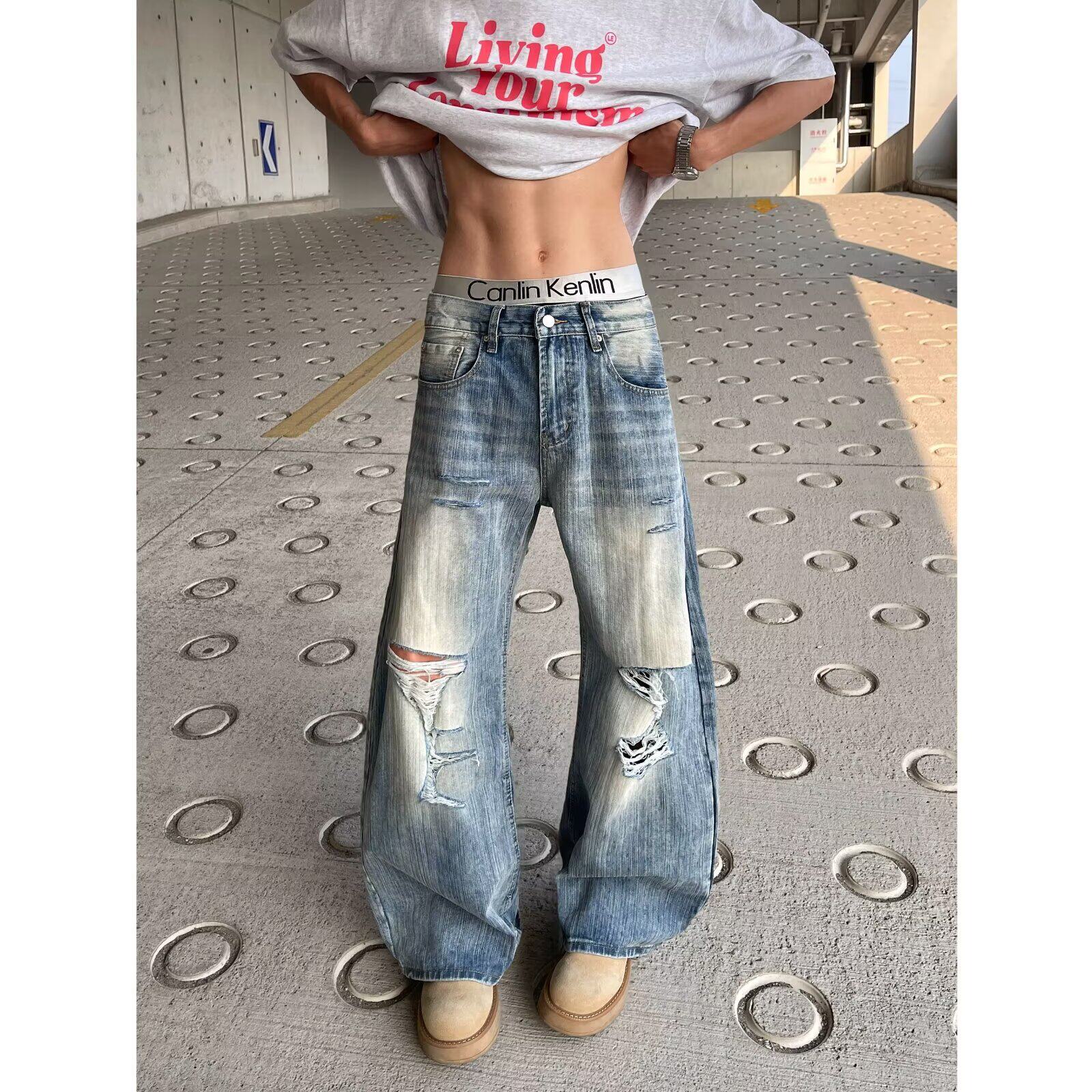 美式复古竹节做旧破洞牛仔裤男女夏季高街设计感宽松阔腿裤P52图片