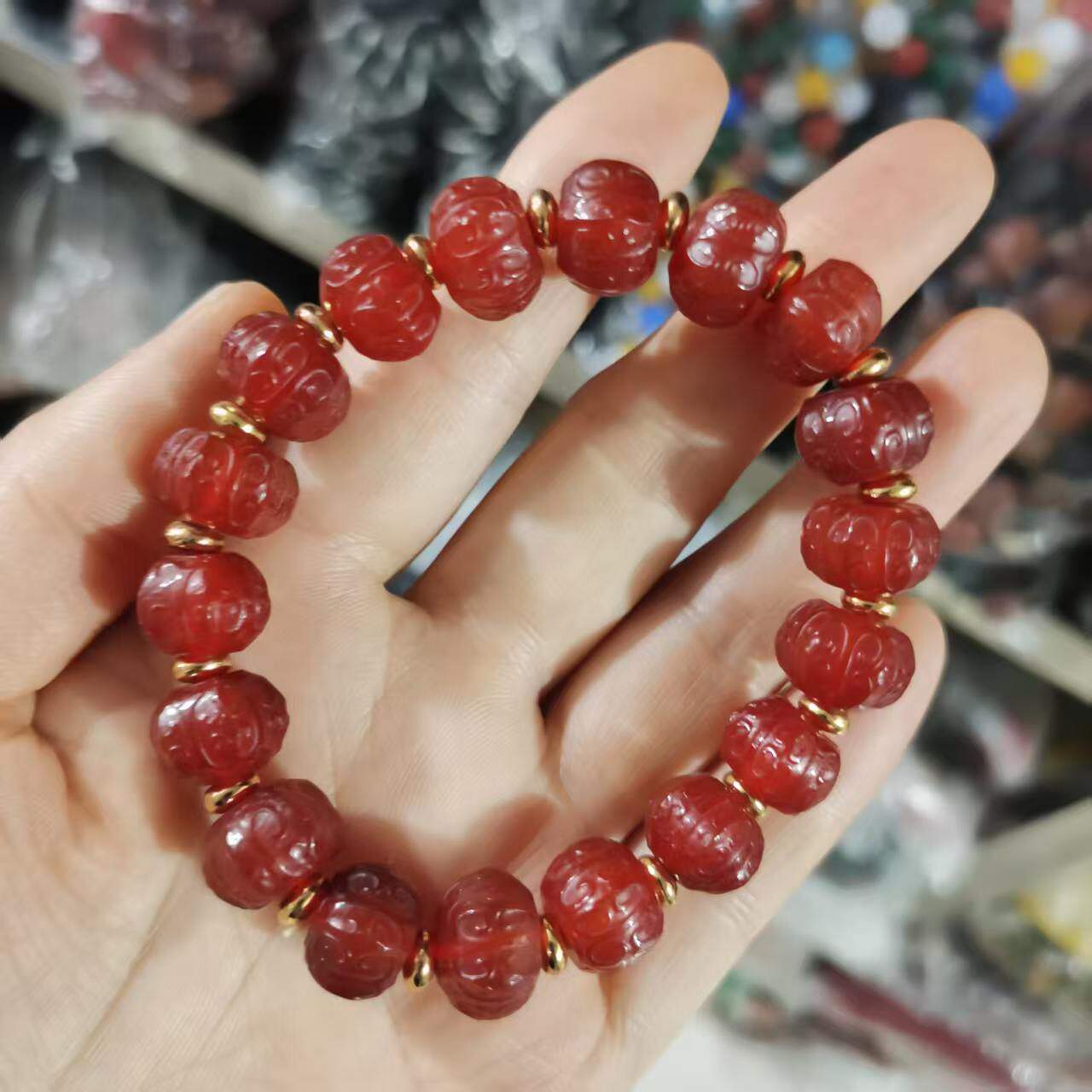 天然巴西红玛瑙回纹灯笼珠手串男手饰