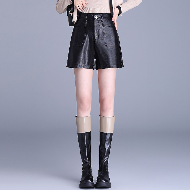 啄木鸟高腰皮短裤女秋冬爆款秋季宽松阔腿显瘦a字版外穿裤子