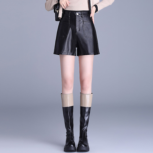 啄木鸟高腰皮短裤女秋冬爆款秋季宽松阔腿显瘦a字版外穿裤子