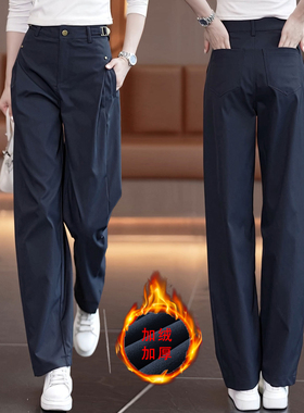 啄木鸟军绿色时尚百搭弯刀工装裤女秋冬加绒显瘦宽松阔腿休闲裤